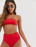 Asos Design Mix And Match Rib High Waist Bikini Bottom With Poppers In Red - Red