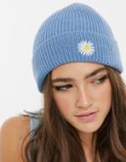 Asos Design Fisherman Rib Beanie With Daisy Embroidery In Blue
