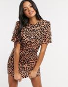 Asos Design Padded Shoulder Short Sleeve Mini T-shirt Dress In Leopard Print-brown