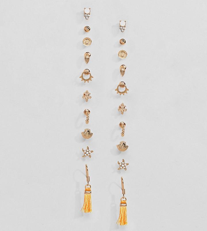 Asos Design Pack Of 10 Mermaid Summer Stud And Tassel Earrings - Gold