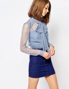 Lost Ink Sheer Pussy Bow Tie Shirt - Blue