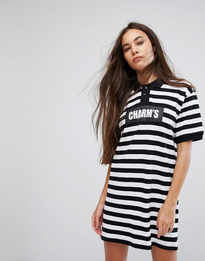 Charms Polo T-shirt Dress With Logo In Bold Stripe - Black