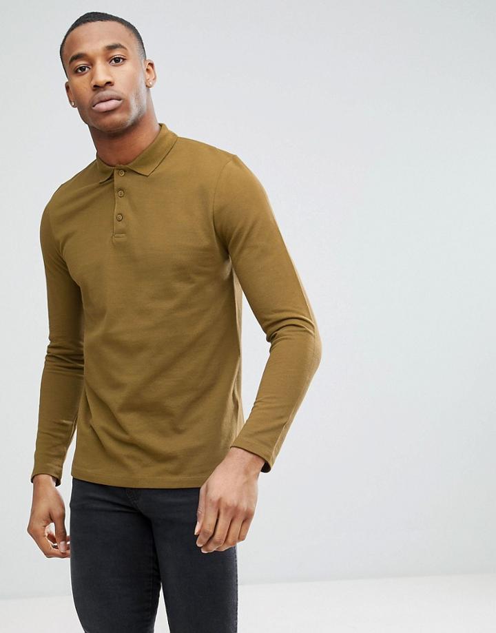 Asos Long Sleeve Pique Polo With Button Down Collar - Green