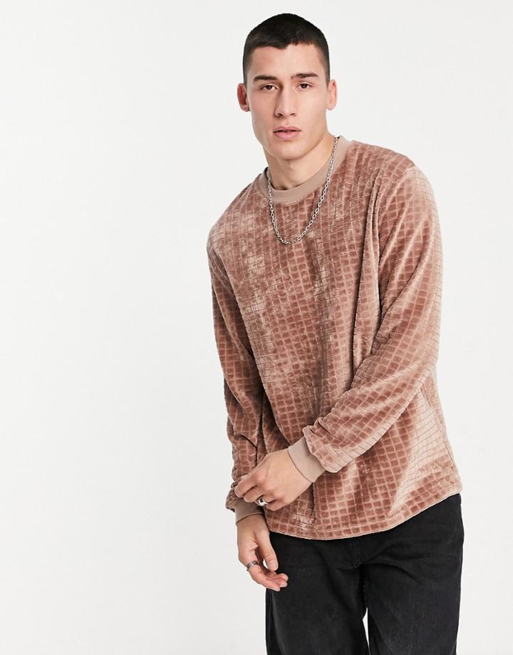 Asos Design Relaxed Long Sleeve T-shirt In Beige Grid Velour-neutral