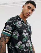 Asos Design Revere Collar Polo With All Over Floral Print - Black