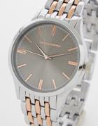 Asos Design Slim Bracelet Watch In With Brown Face In Silver And Rose Gold-multi