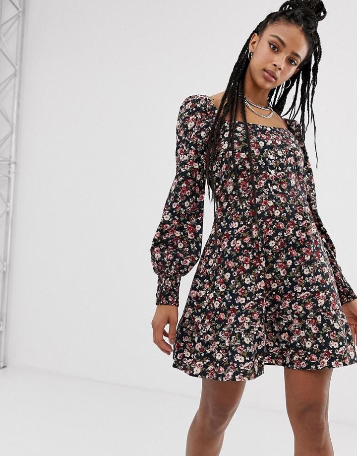 Sacred Hawk Square Neck Boho Dress In Ditsy Floral-black