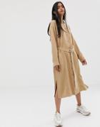 Weekday Tie Front Shirt Dress In Camel - Brown