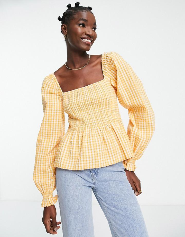 Envii Shirred Square Neck Blouse In Apricot Check - Part Of A Set-orange