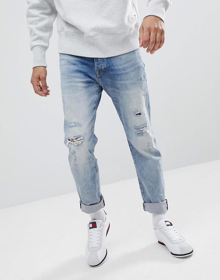 Tommy Hilfiger Denim Slater Jeans Slim Fit Distressed Plaid Repair Mid Wash - Blue