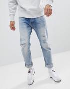 Tommy Hilfiger Denim Slater Jeans Slim Fit Distressed Plaid Repair Mid Wash - Blue