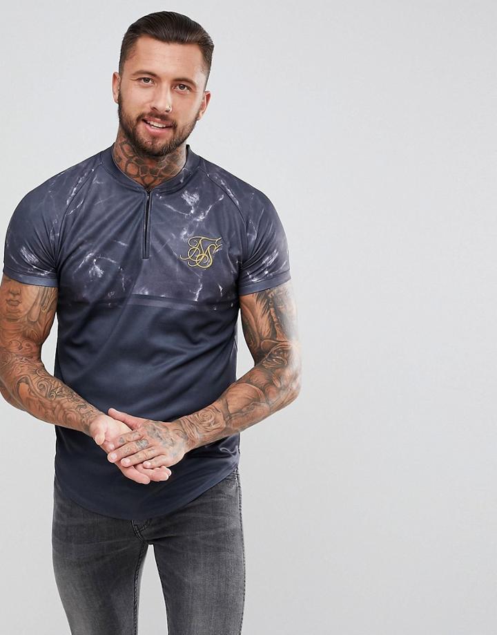 Siksilk Retro Muscle T-shirt In Black Marble With Half Zip - Black