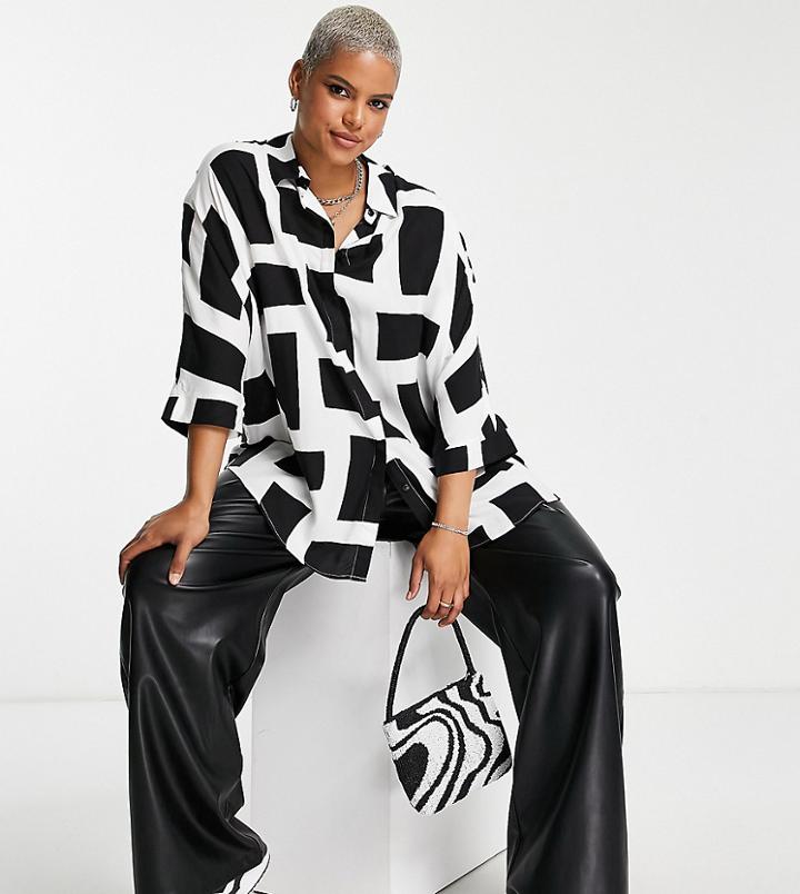 Asos Design Curve Oversized Long Sleeve Shirt In Mono Grid Print-multi