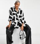 Asos Design Curve Oversized Long Sleeve Shirt In Mono Grid Print-multi