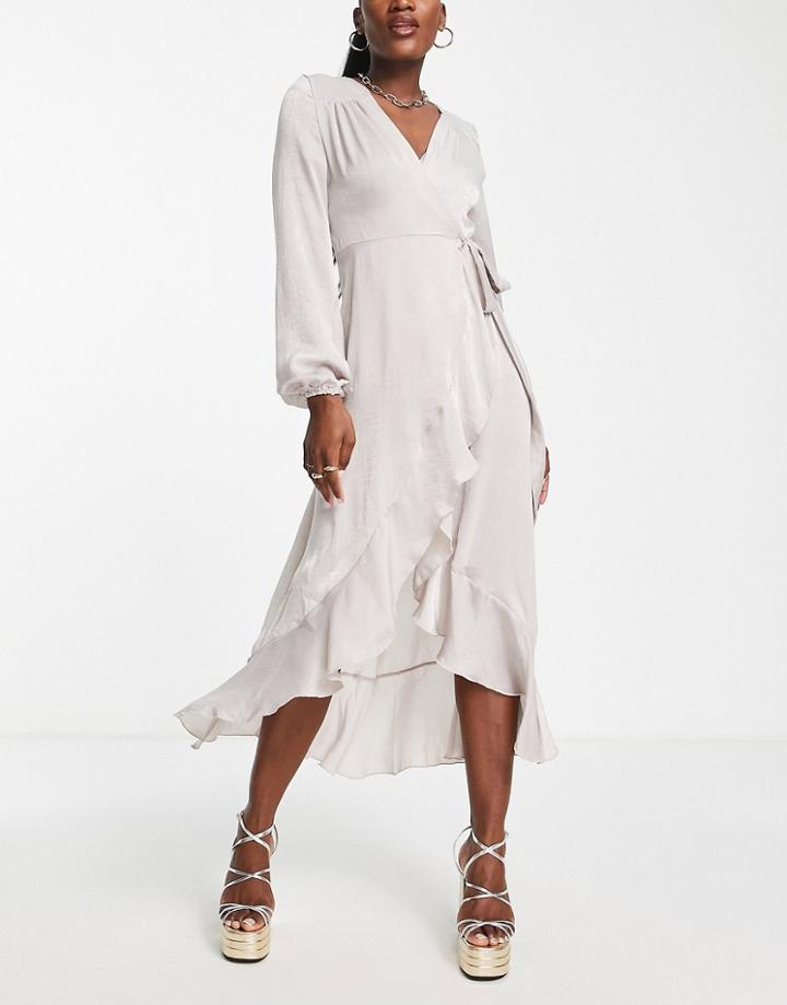 Flounce London Satin Long Sleeve Wrap Midi Dress In Ash Gray