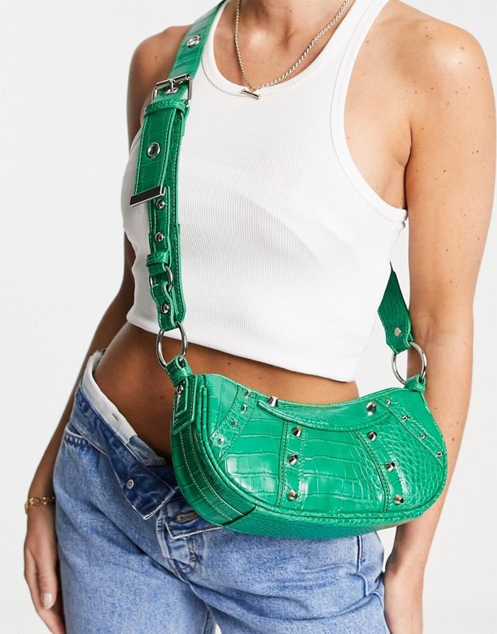 Asos Design Curved Crossbody Bag With Studding In Green Croc