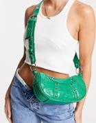 Asos Design Curved Crossbody Bag With Studding In Green Croc