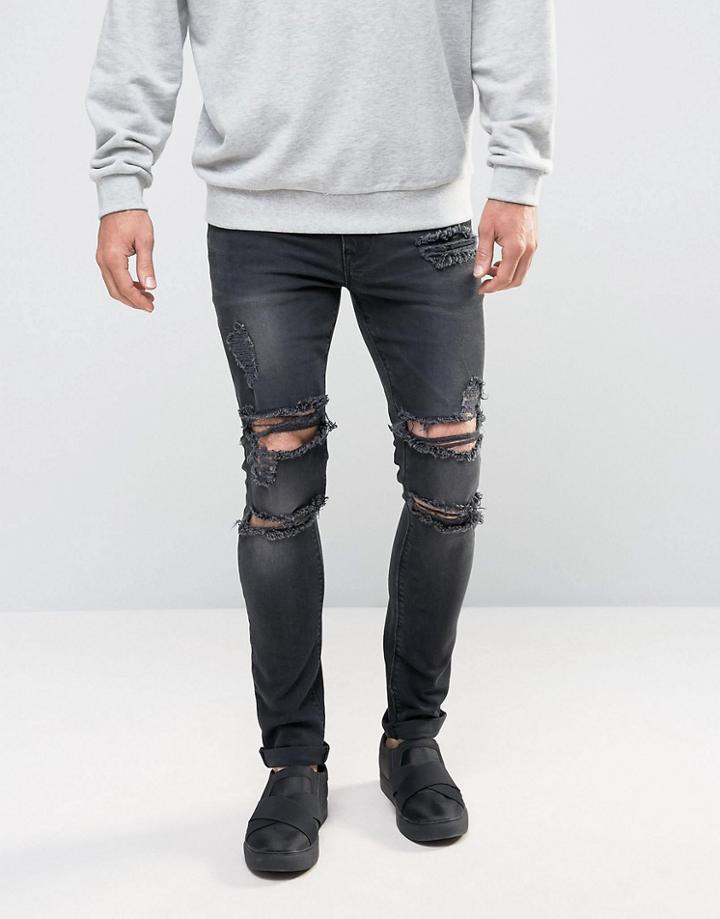 Asos Super Skinny Jeans With Mega Rips In Washed Black - Black