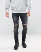 Asos Super Skinny Jeans With Mega Rips In Washed Black - Black