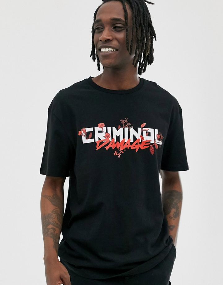 Criminal Damage Oversized T-shirt In Black With Logo-white