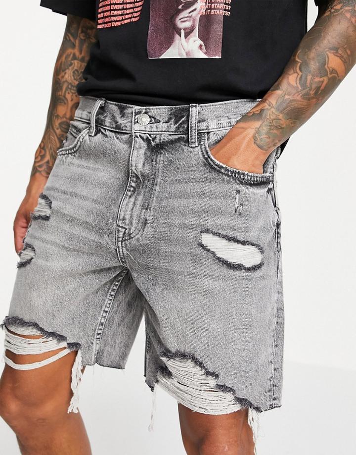Bershka Slim Fit Denim Shorts With Rips In Gray-grey
