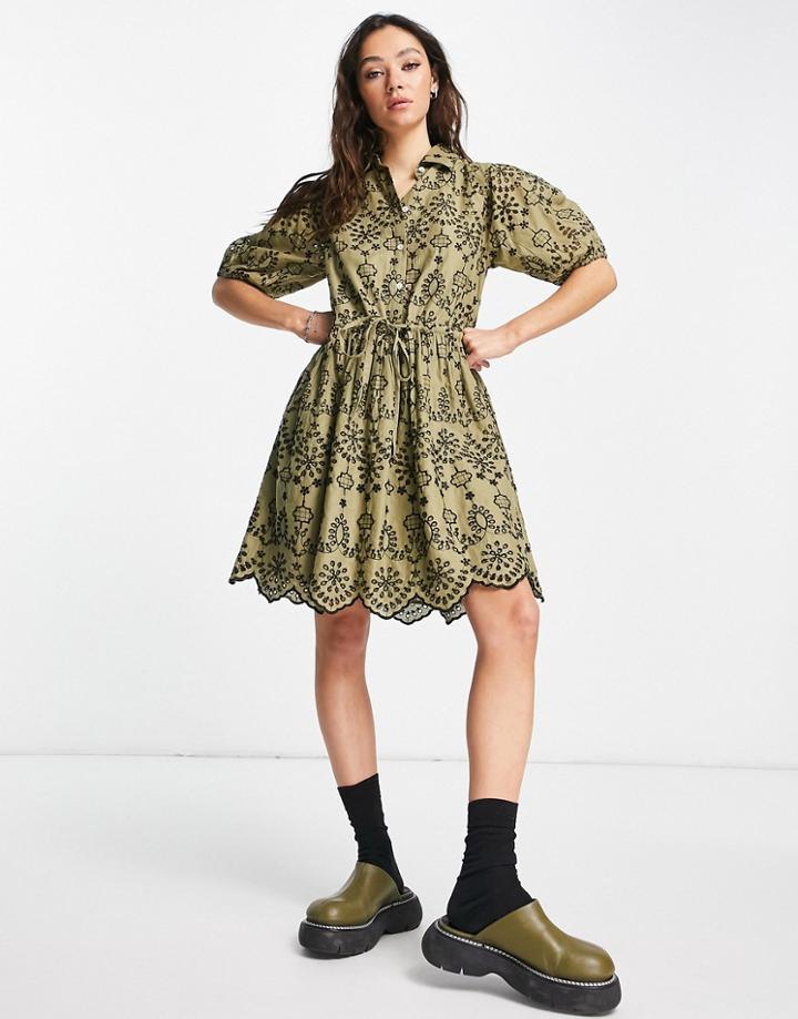 Topshop Eyelet Shirtdress In Khaki-green