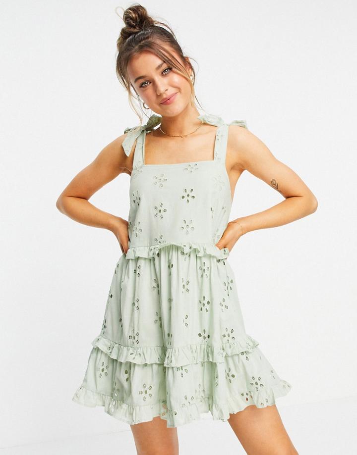 Asos Design Broderie Ruffle Swing Mini Sundress With Tie Straps In Sage Green