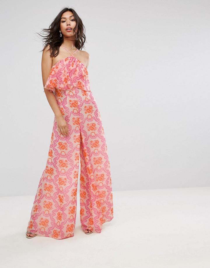 Asos Jumpsuit In Crinkle With Wide Leg In Halter Neck In Brocade Print - Pink