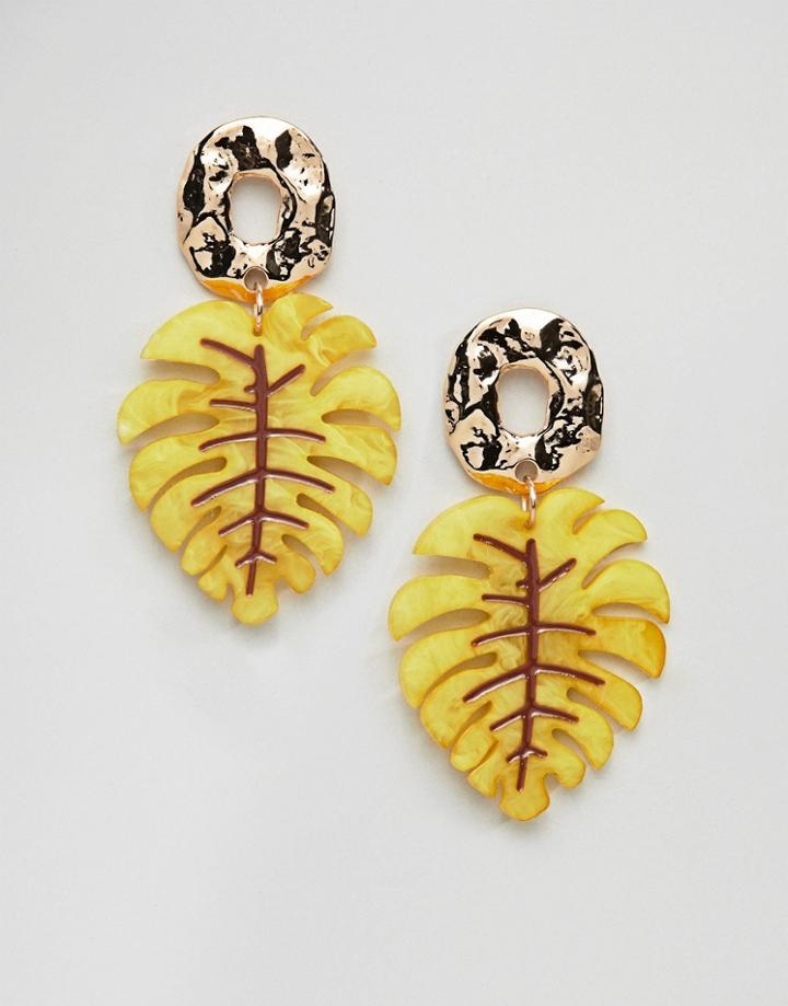 Asos Design Earrings With Resin Palm Leaf And Textured Metal In Gold - Gold