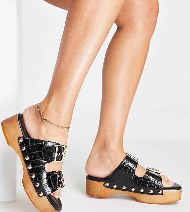 Raid Wide Fit Hellena Buckle Mule Clog Sandals In Black Croc