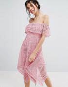 Love Triangle Premium Lace Bardot Dress With Hanky Hem - Pink