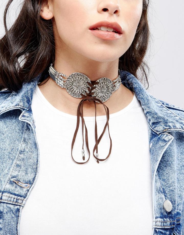 Asos Festival Lace Up Choker Necklace - Silver