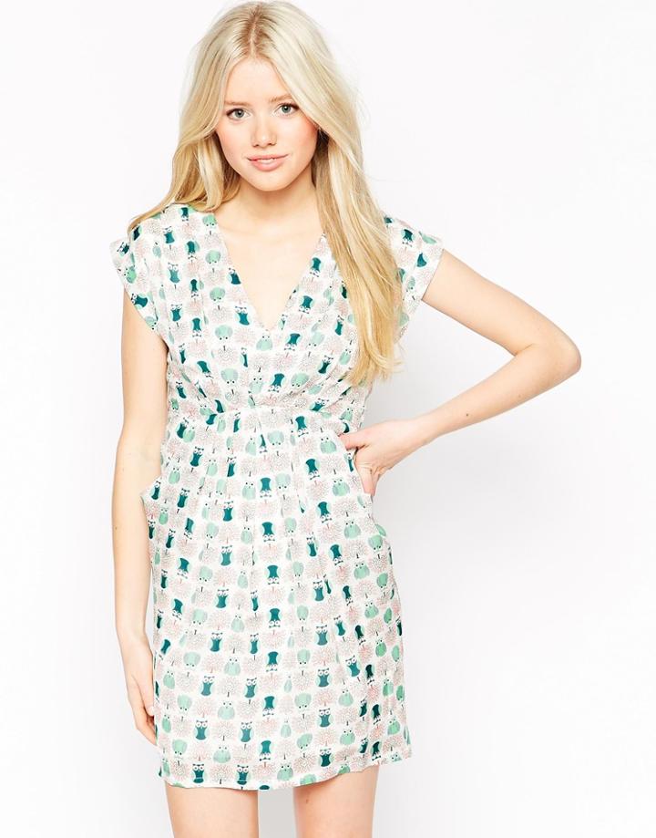 Traffic People Flatter Me Dress In Owl And Tree Print - White