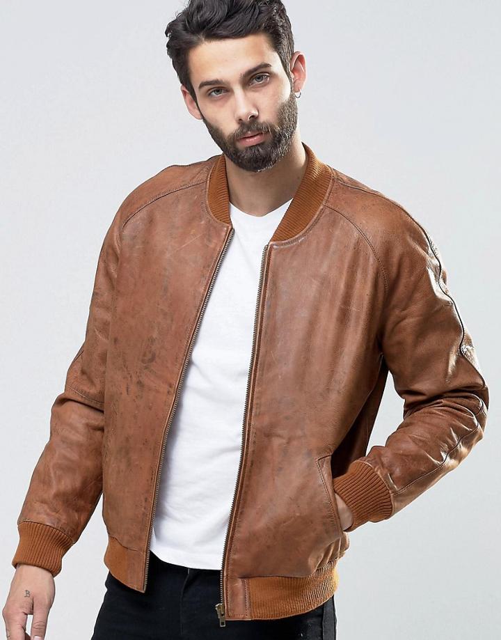Asos Leather Bomber In Tan Nubuck - Tan