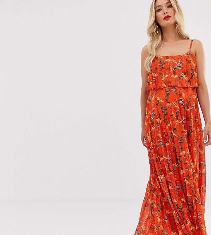 Asos Design Maternity Maxi Dress With Pleated Crop Top With Scoop Neck In Print-multi
