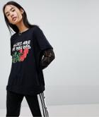 Noisy May Graphic T-shirt With Lace Sleeves - Red