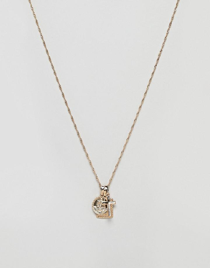 Asos Design Necklace With Medallion And Cross Pendants In Gold - Gold