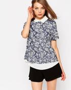 Sister Jane Bobby Blouse With Floral Print Overlay - Blue