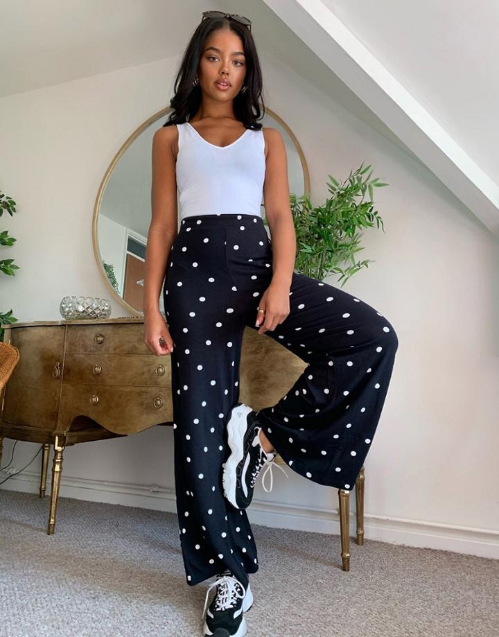 Asos Design Wide Leg Pants In Mono Polka Dot-multi