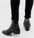 Asos Design Wide Fit Stacked Heel Western Chelsea Boots In Black Leather With Buckle Detail - Black