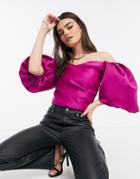 Vl The Label Off-the-shoulder Volume Sleeve Wrap Front Top In Hot Pink