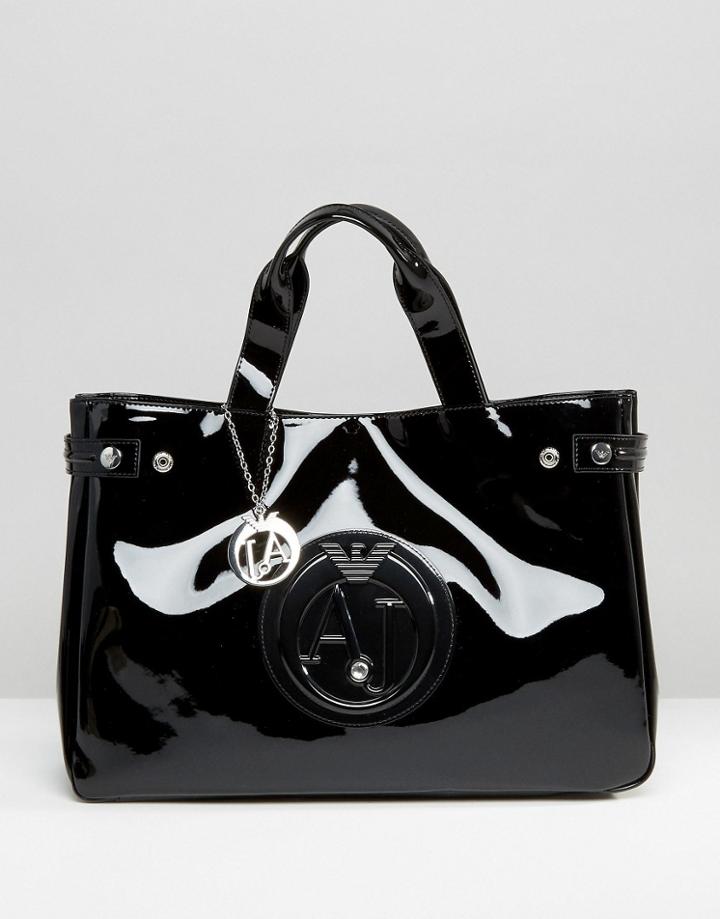 Armani Jeans Patent Tote Bag In Black - Black
