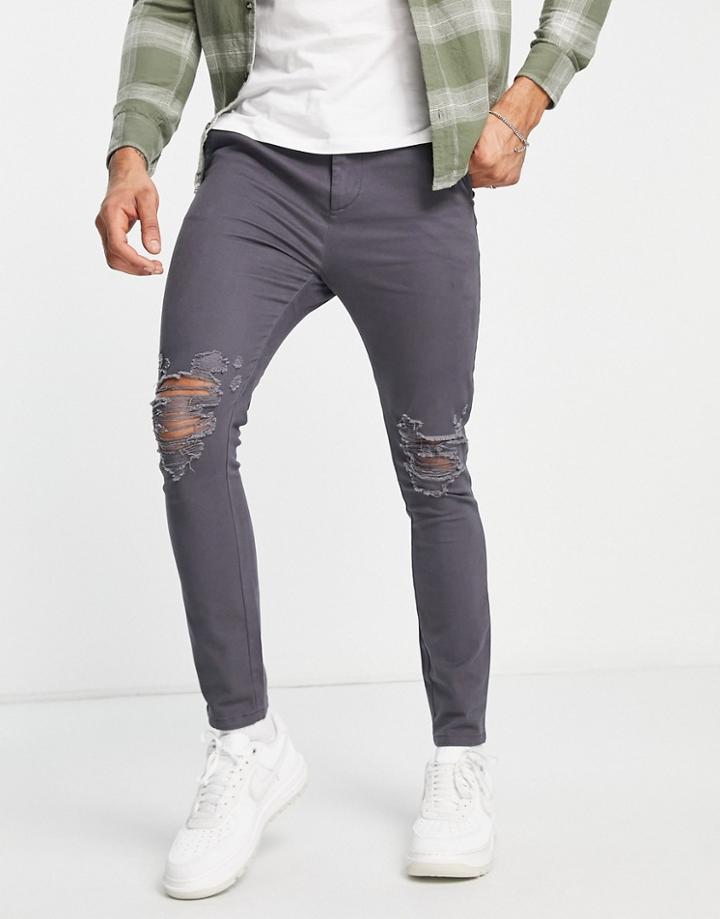 Asos Design Power Stretch Chinos With Rips In Charcoal-gray