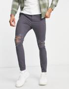 Asos Design Power Stretch Chinos With Rips In Charcoal-gray