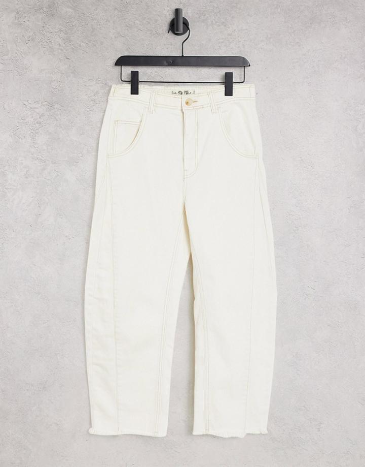 We The Free By Free People Extreme Barrel Leg Jeans With Frayed Hem In White Denim
