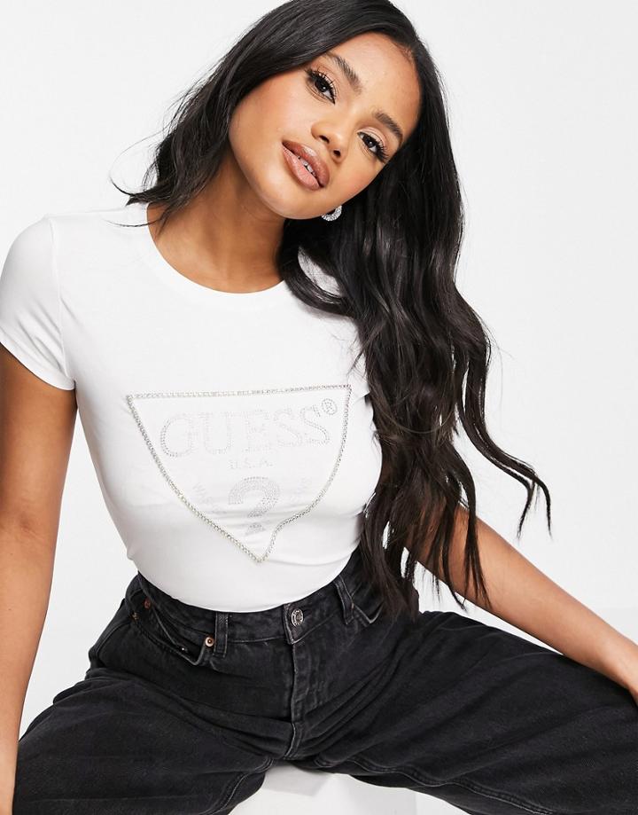 Guess Fitted T-shirt With Embellished Logo In White