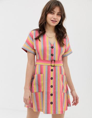 Moon River Rainbow Stripe Skater Dress With Buton Down Front - Multi