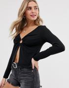 Wild Honey Long Sleeve Top With Open Ring Link Front In Rib - Black