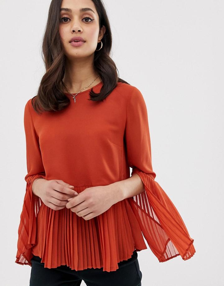 Asos Design Long Sleeve Pleated Top With Split Sleeve Detail - Black