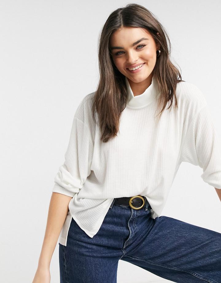 Asos Design Oversized Top In Drapey Rib With Structured High Neck In Cream-white